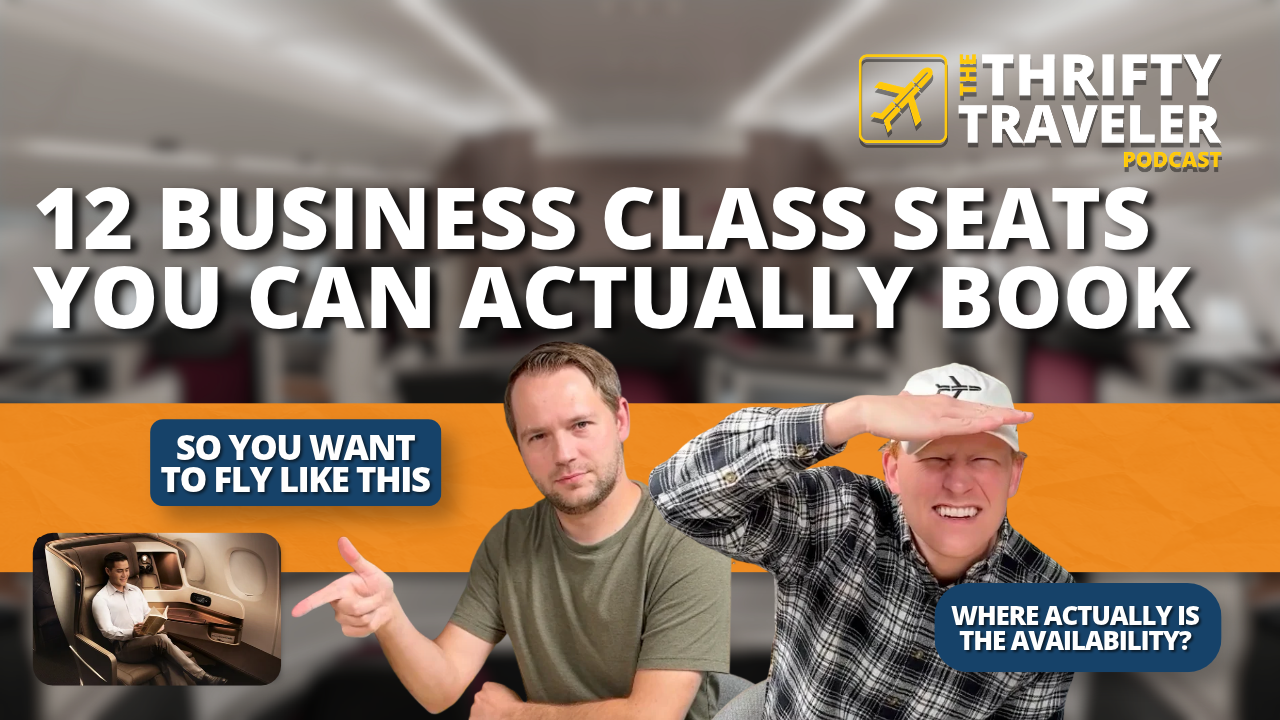 Podcast graphic featuring two men and text about booking business class seats
