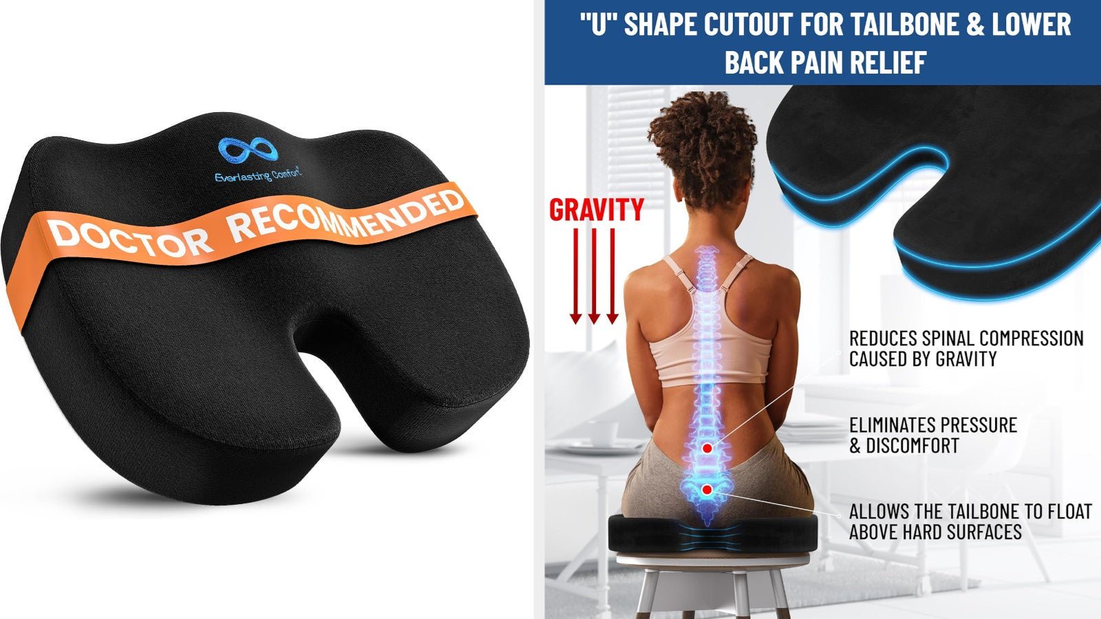 Orthopedic seat cushion with "U" shape for tailbone support, marketed for spinal relief and comfort