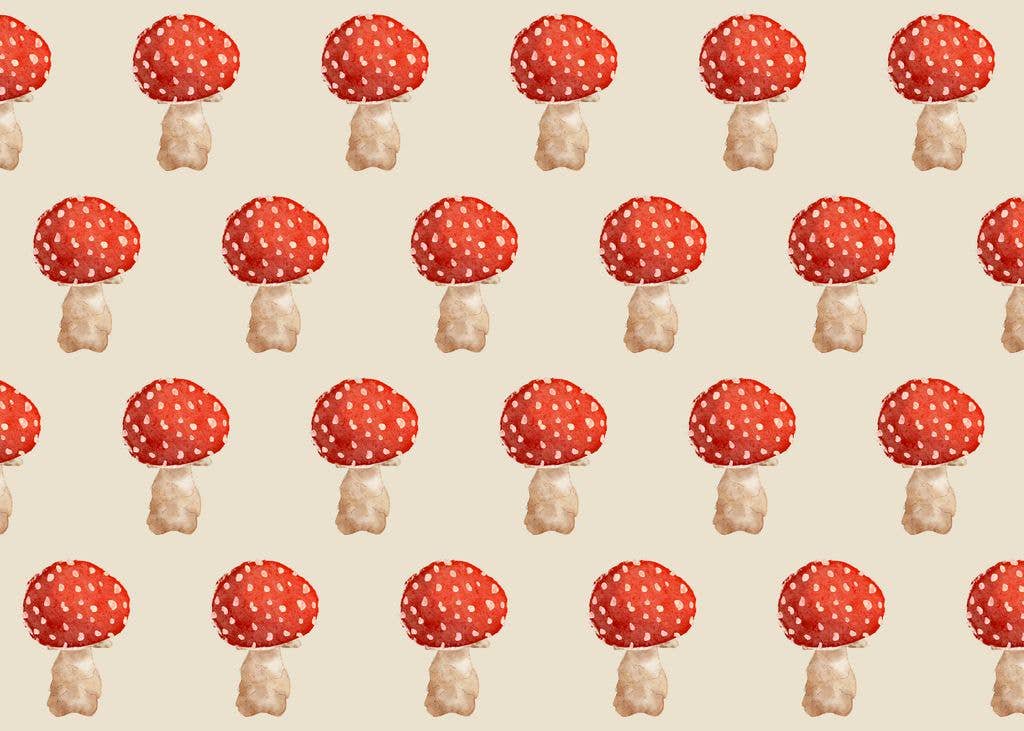 Seamless pattern of illustrated red toadstool mushrooms with white spots