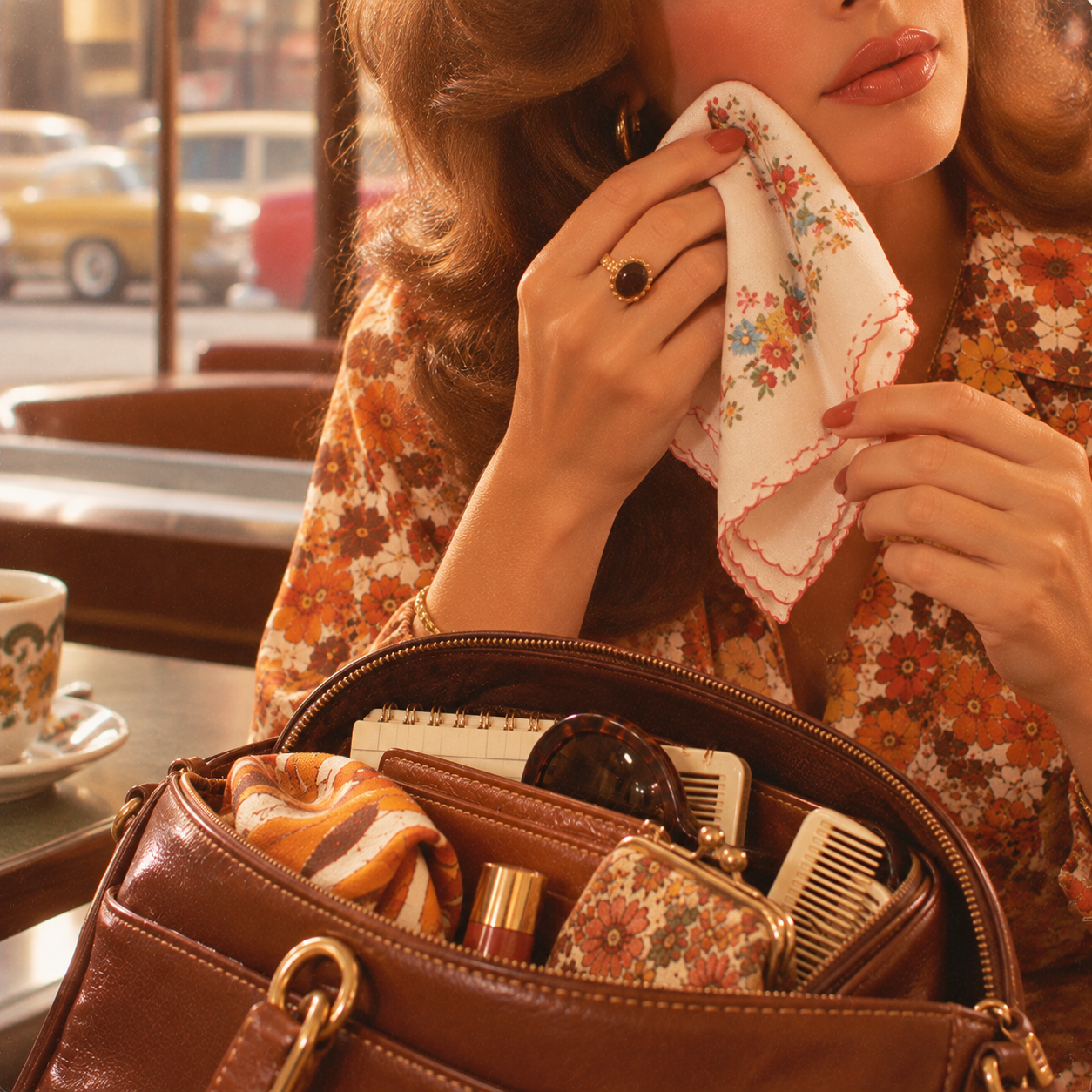 A woman in a retro setting dabs her cheek with a floral handkerchief. Her brown handbag is open, showing sunglasses, a wallet, a notebook, lipstick, and a comb. Vintage cars are visible through the window behind her.