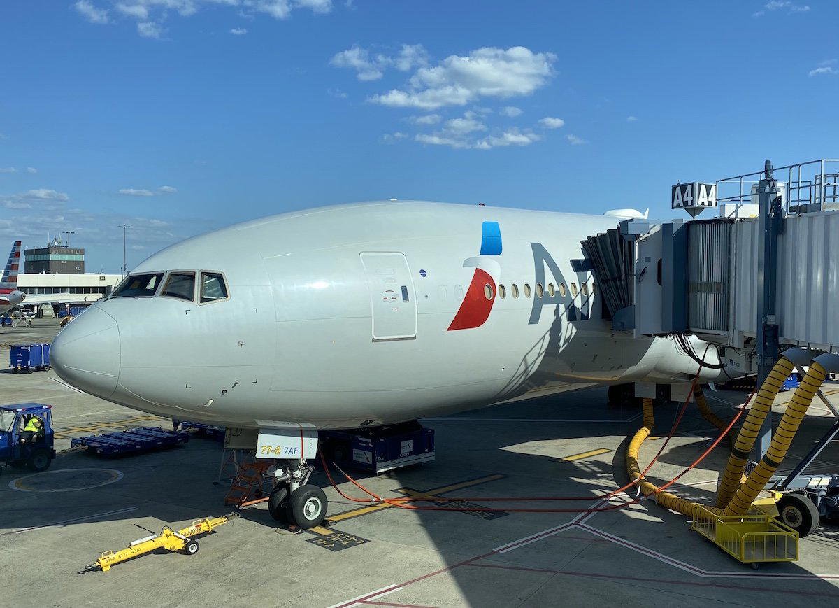 American Airlines Boeing 777 parked at a gate at Charlotte airport