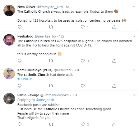 Nigerians heap praises on the Catholic church for donating all its 425 hospitals to FG as isolation centers