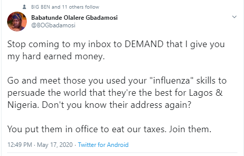 Stop coming to my inbox to demand that I give you my hard-earned money - Former Lagos Governorship aspirant,?Babatunde Gbadamosi?tells online beggars