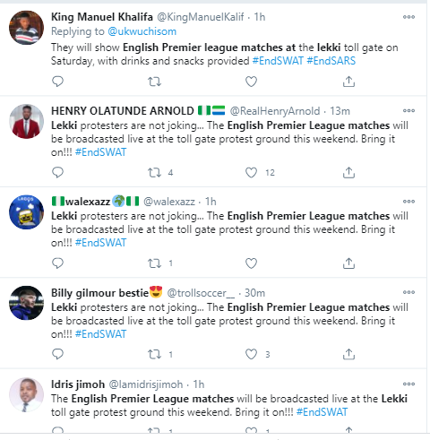 EndSARS protesters to watch all English Premier League matches at Lekki toll gate this weekend