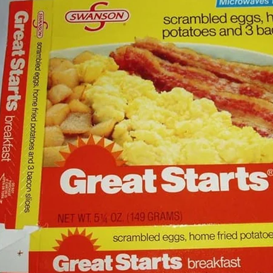 Swanson Great Starts breakfast box showing scrambled eggs, home fried potatoes, and three bacon slices on the cover.