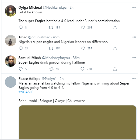 Nigerians react after Super Eagles threw away four-goal lead to draw 4-4 with Sierra Leone in AFCON qualifying match?