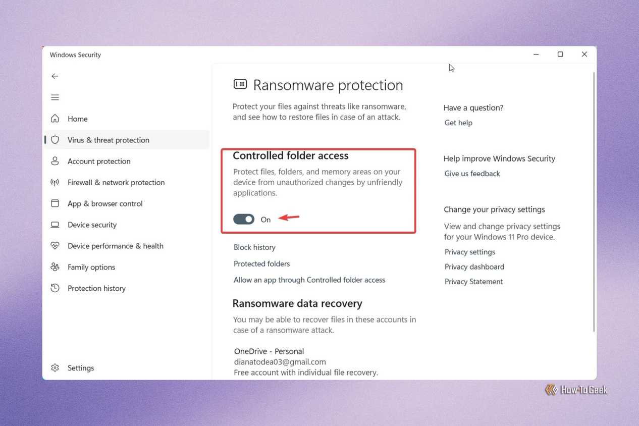 Enabling the Controlled Folder Access option in Windows Security settings.