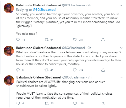 Stop coming to my inbox to demand that I give you my hard-earned money - Former Lagos Governorship aspirant,?Babatunde Gbadamosi?tells online beggars
