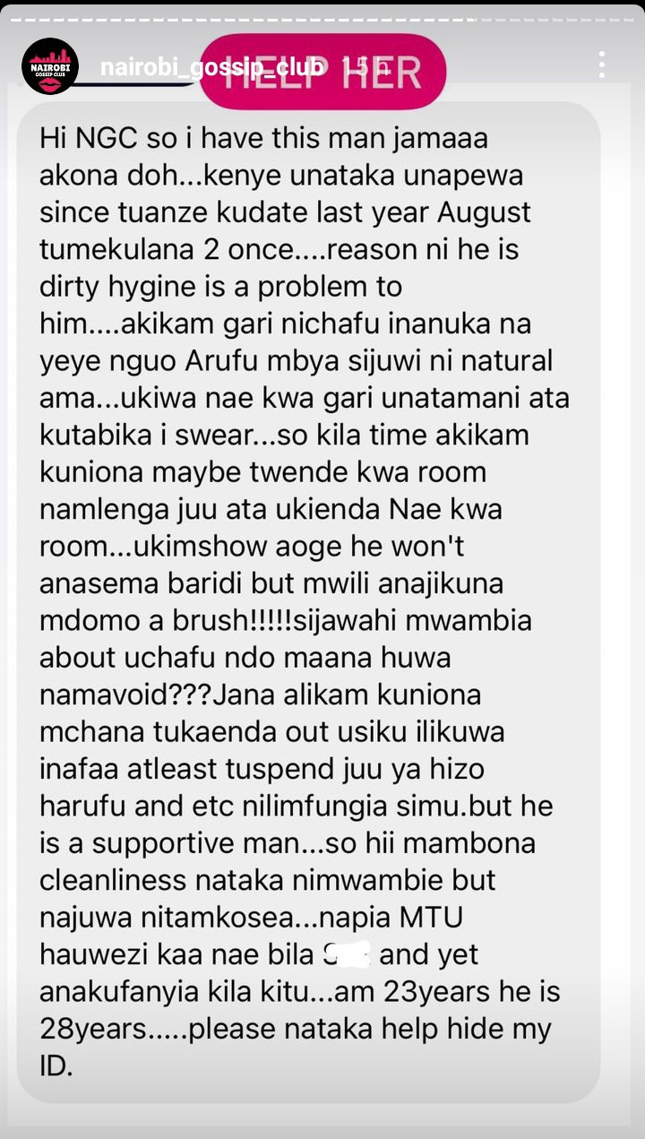 A Kenyan lady exposes boyfriend for not taking bath.