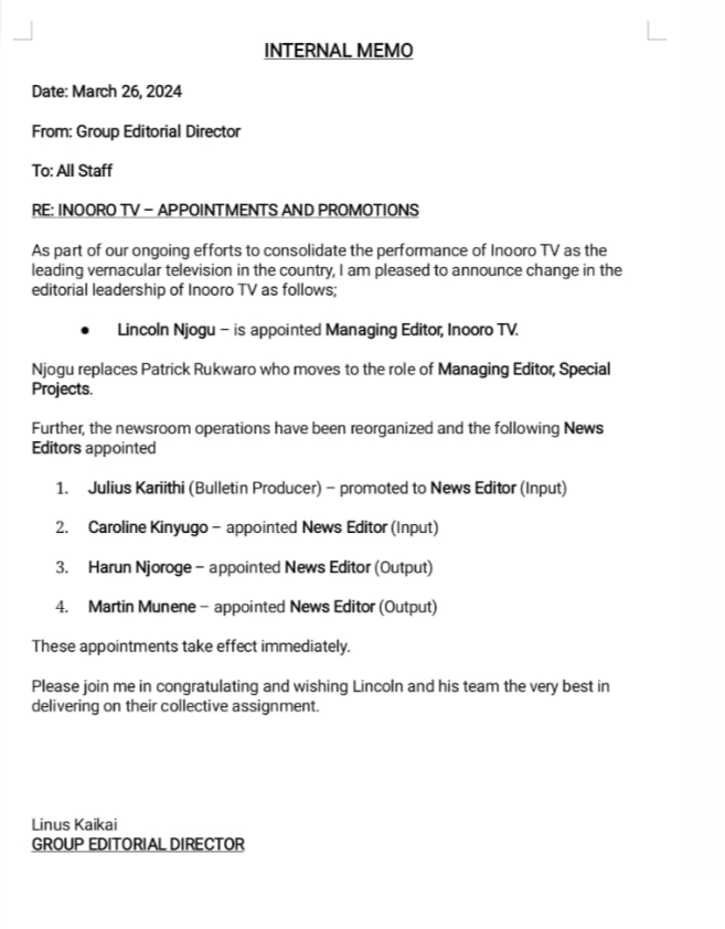 Internal Memo from Inooro TV 