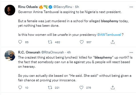  Nigerians react to the lynching of Shehu Shagari College of Education female student in Sokoto over alleged blasphemy