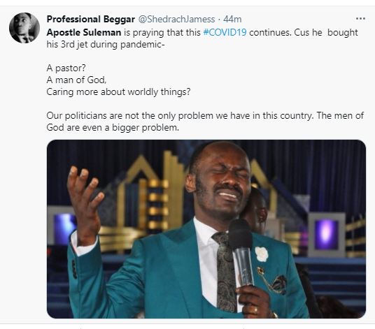 Christianity has reduced the national IQ of Nigerians by many points - Nigerians react after Apostle Suleman revealed he bought his 3rd jet during the pandemic and was praying for Covid not to end