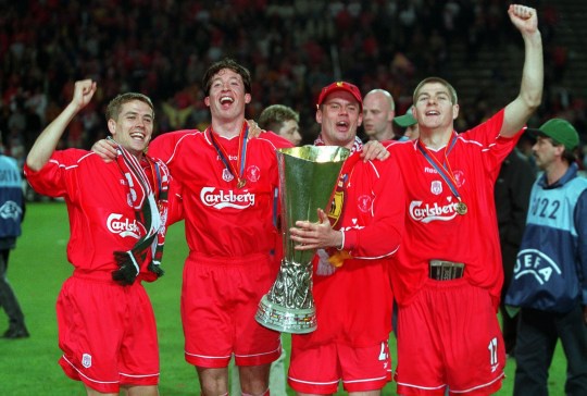 Football, UEFA Cup Final, 16th May 2001, Dortmund, Germany, Liverpool 5 v Deportivo Alaves 4 (on Golden Goal), Liverpool quartet L-R: Michael Owen, Robbie Fowler, Jamie Carragher, and Steven Gerrard are pictured with the trophy during the celebrations  (Photo by Popperfoto via Getty Images/Getty Images)