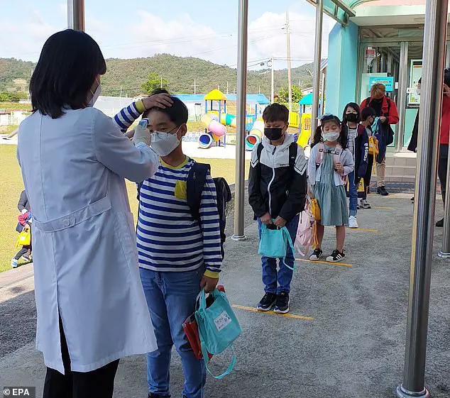 Pupils have their temperatures checked at an elementary school in Muan, South Jeolla, South Korea, 20 May 2020