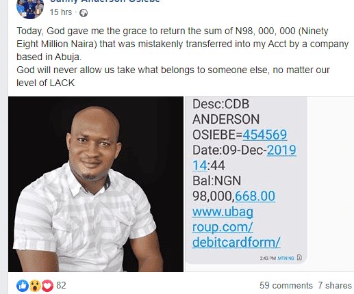 Man returns N98M mistakenly transferred into his account (Photo)