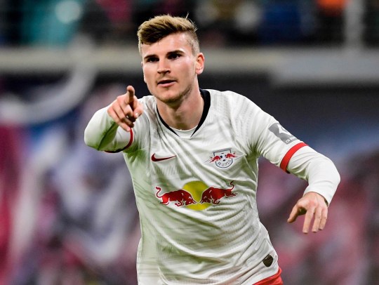 Leipzig's Timo Werner celebrates after scores during the German Bundesliga soccer match between 1. RB Leipzig vs FC Koeln