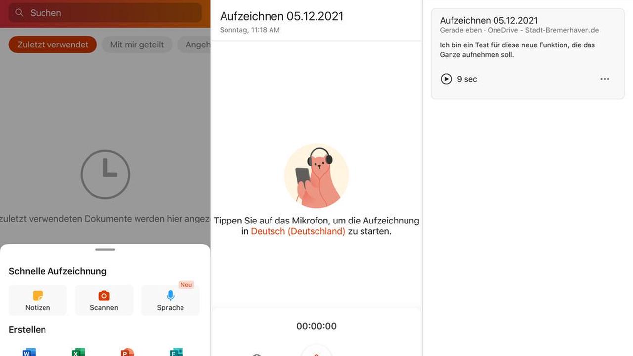 Aufnehmen von Sprachnotizen in Office Mobile für iOS