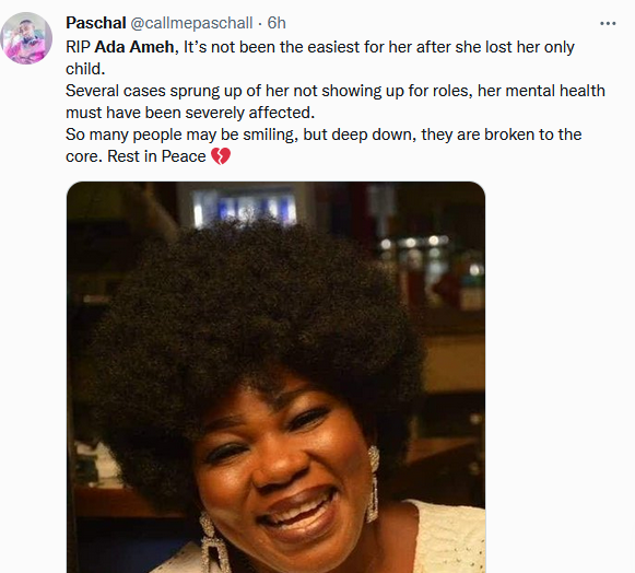 Nigerians express shock over news of Nollywood actress, Ada Ameh