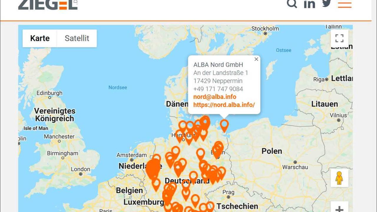 Deutschlandweite Standortkarte mit Annahmestellen für recycelbaren Ziegelschutt