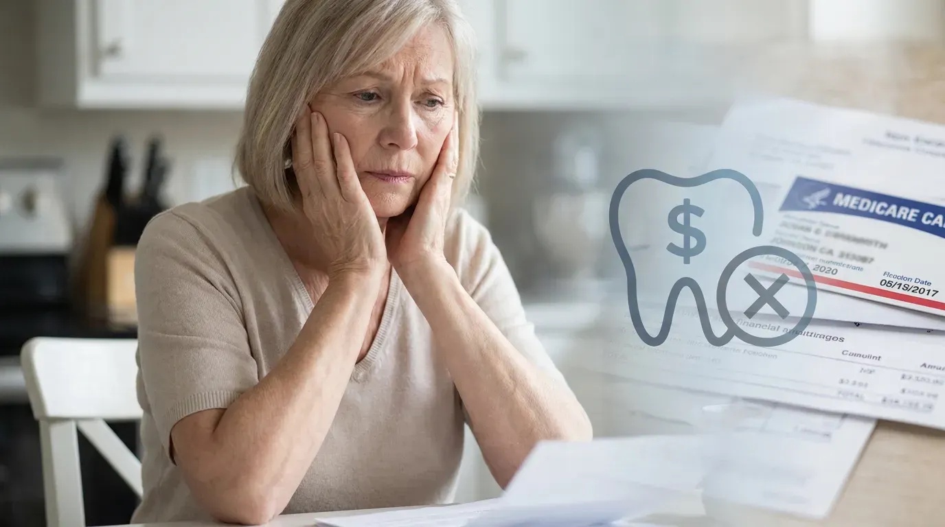 A worried older woman with blonde hair, dressed in a beige top, sits at a table with her hands against her cheeks, looking downcast. In the background, a modern kitchen is out of focus. Overlaid on the right side of the image is a translucent gray tooth icon containing a dollar sign, partially obscured by a red circle with a white 'X'. Blurred paper documents, including a 'Medicare Card', are visible beneath the graphic, suggesting denied coverage or high medical bills.