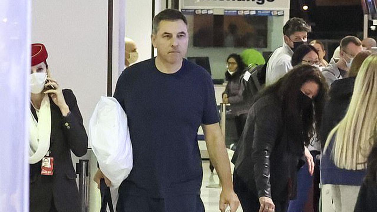 Cuddle up! David Walliams takes his own pillow on Emirates flight as he heads home after Australia's Got Talent filming and a steamy date with  Ugandan-Australian actress