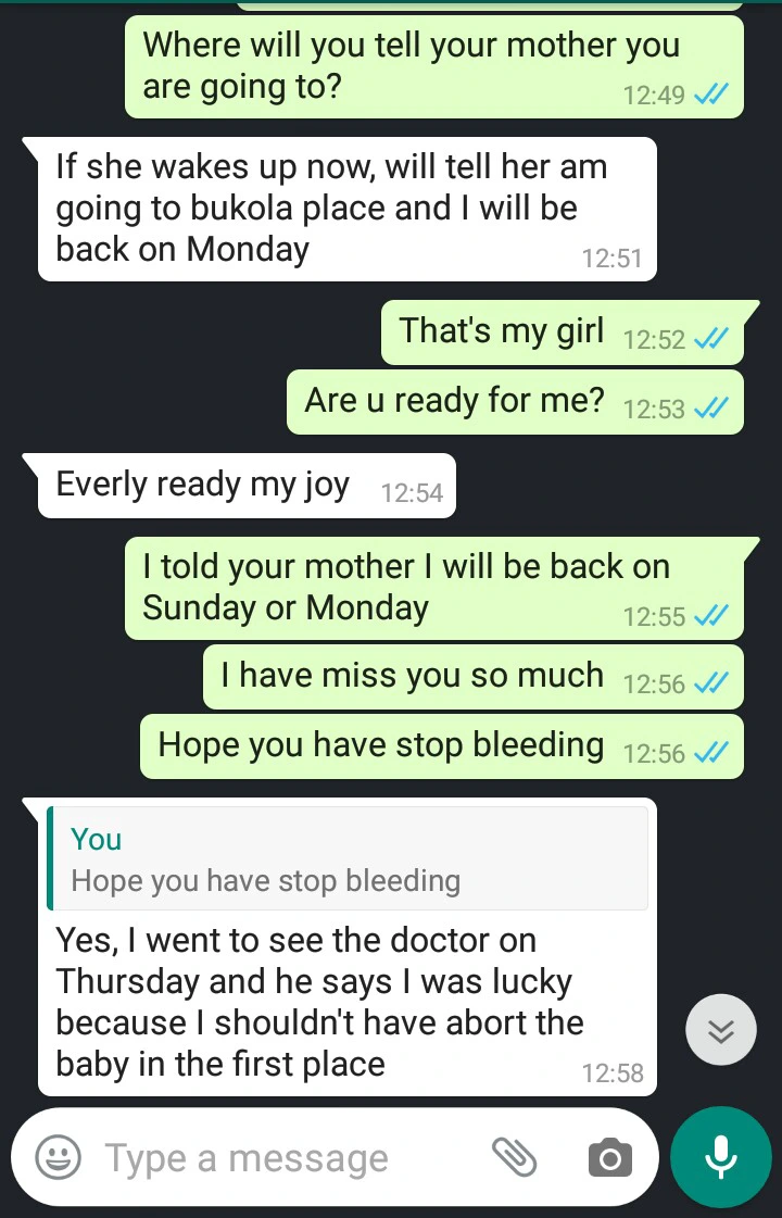 Chats of a lady who sleeps with her stepfather and nearly died from abortion leaks online (screenshots)