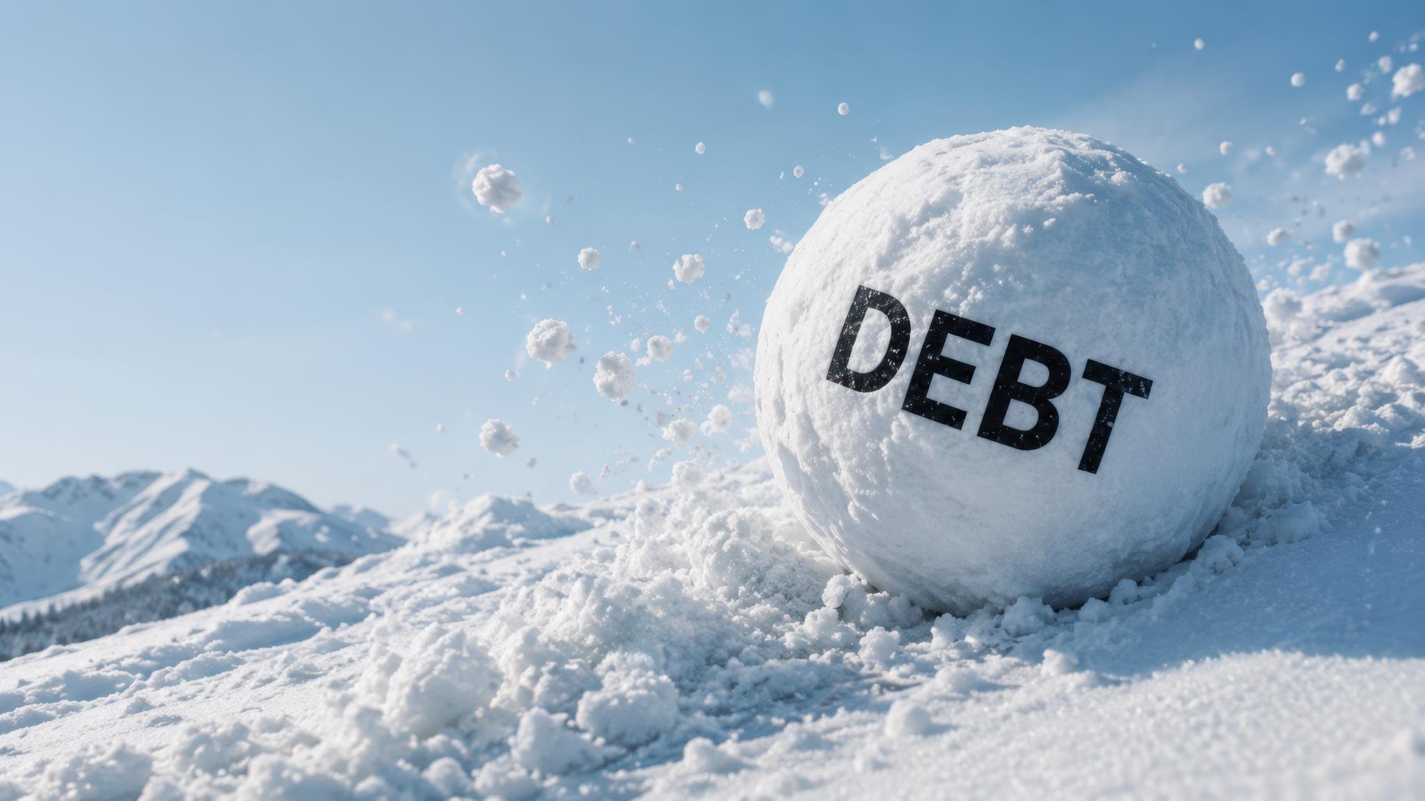 Illustration of a large snowball labeled "DEBT" rolling down a snowy mountain.