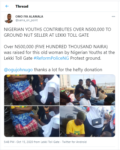 #EndSARS: Nigerian youths protesting at Lekki toll gate reportedly raise over N2Million for a groundnut seller at the protest ground (Photos)
