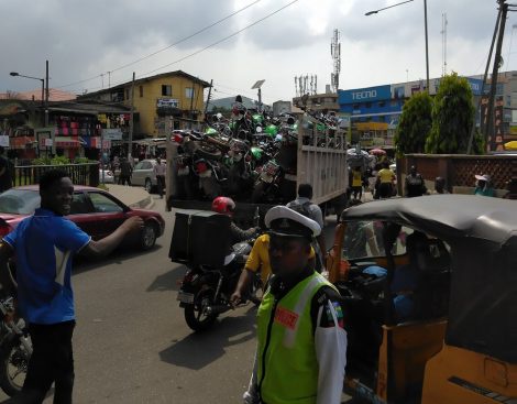Some of the 'Opay' bikes impounded on Monday by the Lagos state govt.