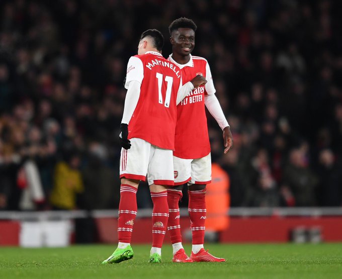 Gabriel Martinelli and Bukayo Saka celebrate after our second goal