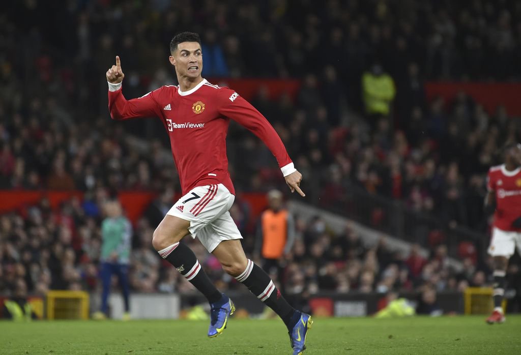 Manchester United's Cristiano Ronaldo in action during the English Premier League soccer match between Manchester United and Burnley at Old Trafford in Manchester, England, Thursday, Dec. 30, 2021. (AP Photo/Rui Vieira)