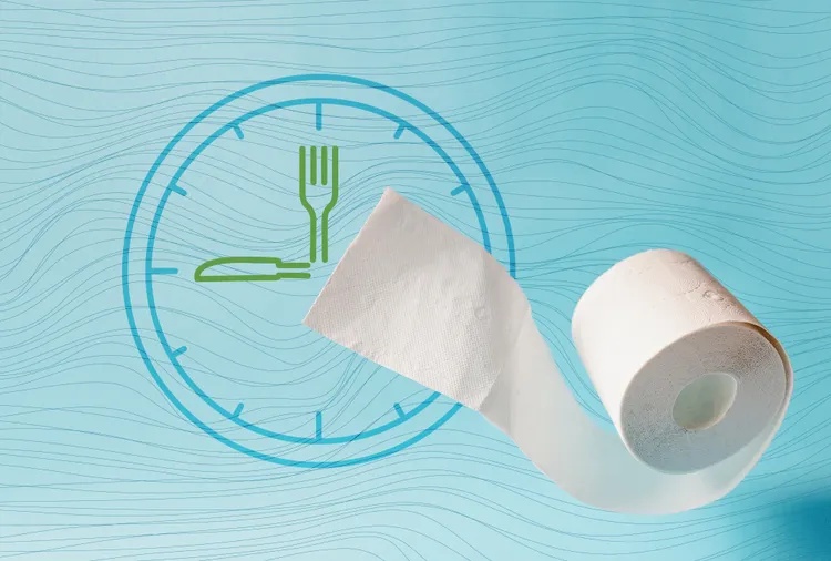 A roll of toilet paper a clock illustration with a fork and knife in the center