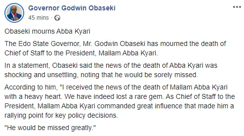 Gov Obaseki, Keyamo, Dino Melaye, Ben Bruce, others react to the death of President Buhari