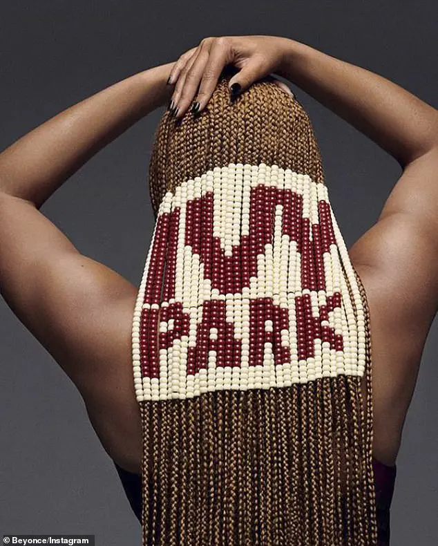 Spectacular! Two stunning images shot from behind showcased the A-lister's artfully designed extra-long box braids which featured a sign that read 'Ivy Park' which was weaved into the hair with cream and maroon beads