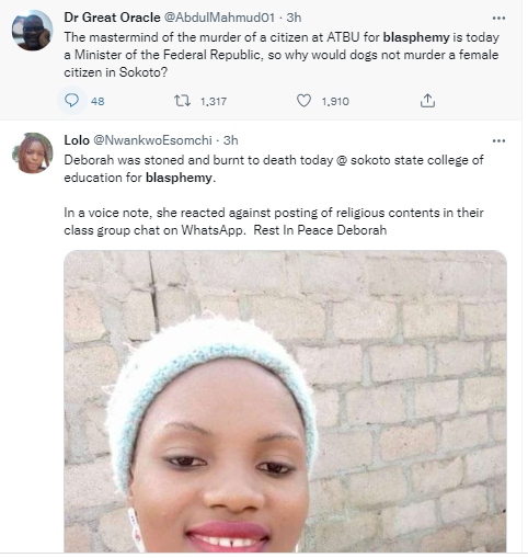  Nigerians react to the lynching of Shehu Shagari College of Education female student in Sokoto over alleged blasphemy