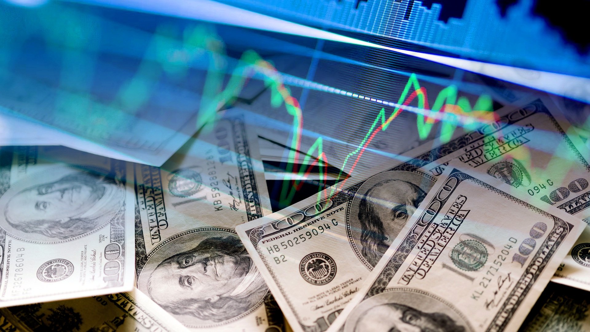 Discover concept art displays hundred dollar bills intertwined with stock market bar and line graphs