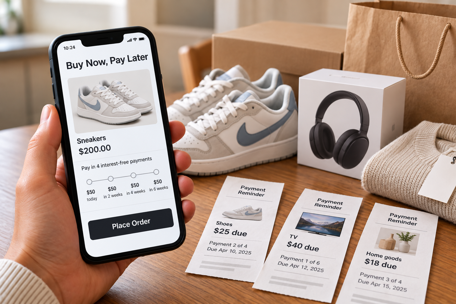 A hand holds a smartphone displaying a Buy Now, Pay Later checkout screen for sneakers, surrounded by the physical products and printed payment reminders on a table.