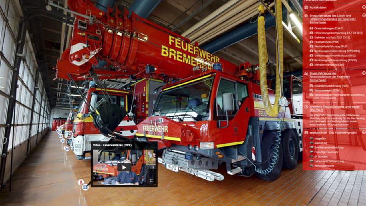 Neue virtuelle Präsenz der Feuerwehr Bremerhaven. Einladung zum Rundgang durch die Leitstelle und Fahrzeughallen der Feuerwehr Bremerhaven.