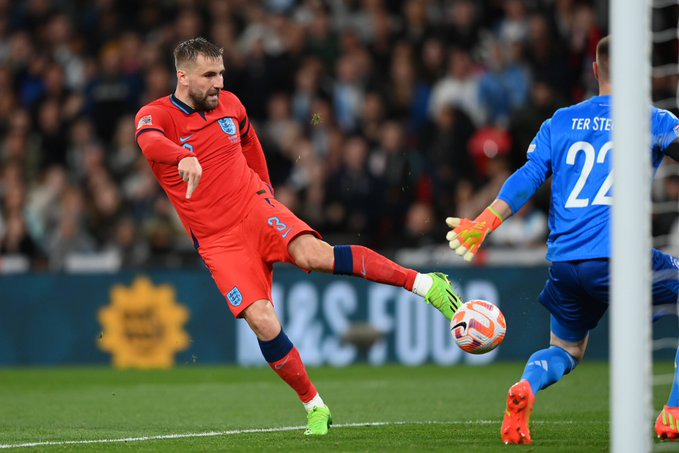 Luke Shaw scores against Germany at Wembley Stadium.