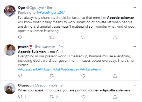 Christianity has reduced the national IQ of Nigerians by many points - Nigerians react after Apostle Suleman revealed he bought his 3rd jet during the pandemic and was praying for Covid not to end