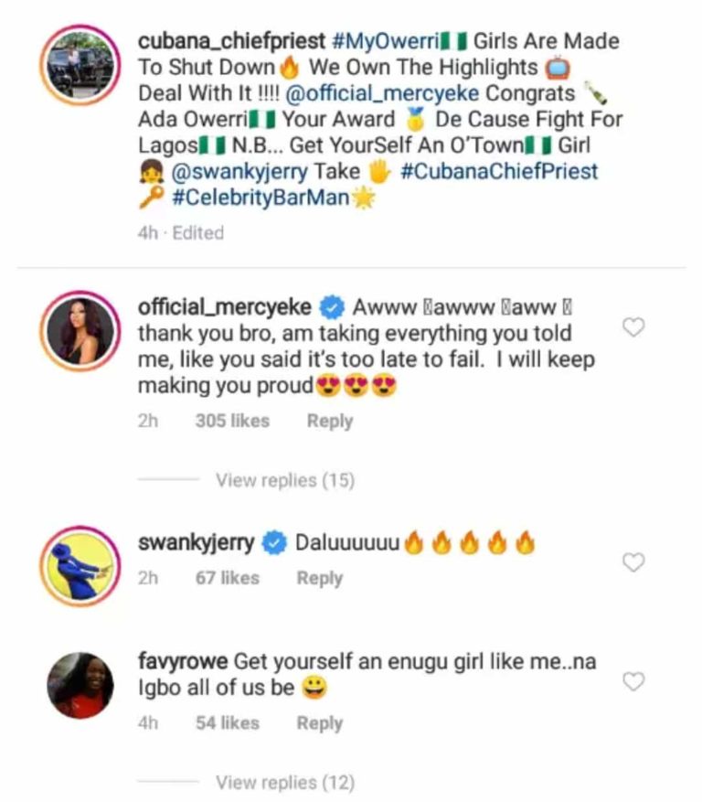 Cubana Chiefpriest Reatcs As Mercy Eke Wins AMVCA’s Best Dressed Female Award