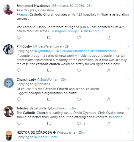 Nigerians heap praises on the Catholic church for donating all its 425 hospitals to FG as isolation centers