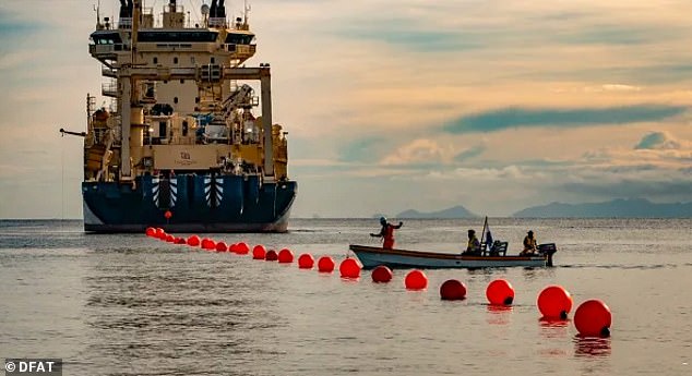Pictured: The laying of the Coral Sea Cable connecting Sydney with the Solomon Islands and Papua New Guinea. The Australian government stepped in to finance most of the project to stop Chinese telecommunications company Huawei from completing the network