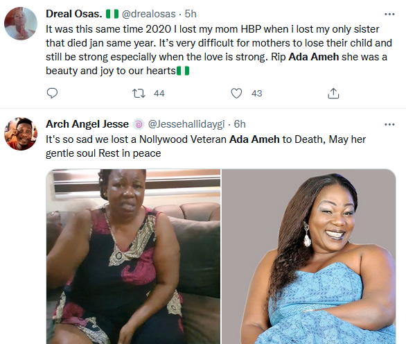 Nigerians express shock over news of Nollywood actress, Ada Ameh