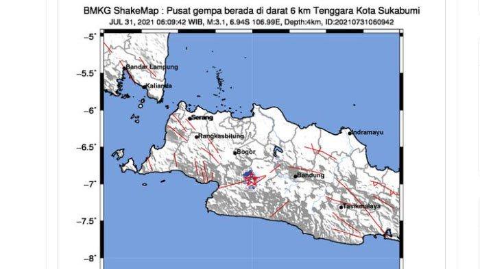 Gempa yang tercatat terjadi di Kota Sukabumi pada Sabtu (31/7/2021) pagi ini.