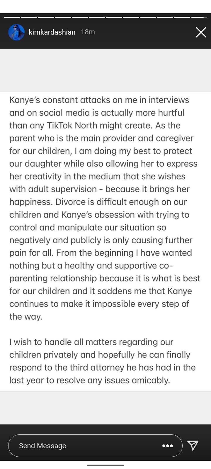Kanye's attacks on me is more hurtful than any TikTok North might create - Kim responds