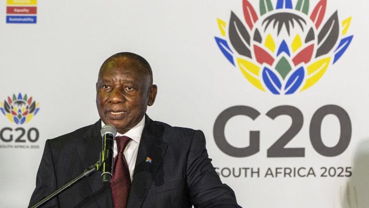 South African President Cyril Ramaphosa addresses reporters following the opening session of the G20 foreign ministers meeting in Johannesburg, South Africa, Thursday, Feb. 20