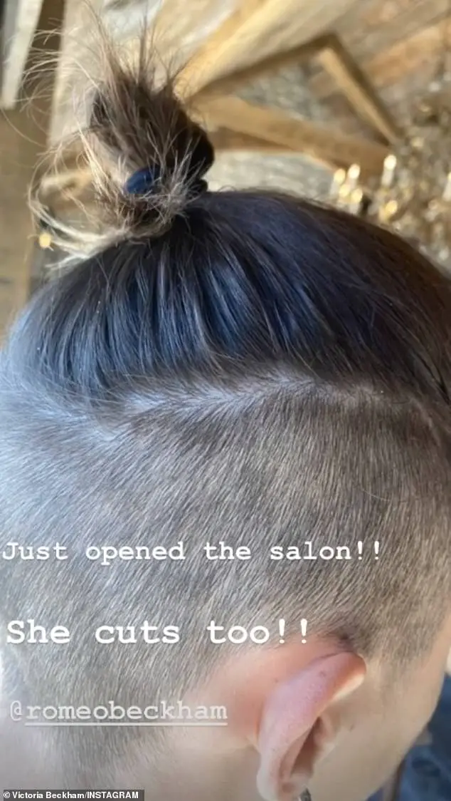 Looking good: The Spice Girl, 45, took to Instagram on Sunday to showcase her salon skills, revealing she had shaved son Romeo's hair, before dyeing youngest boy Cruz's locks pink