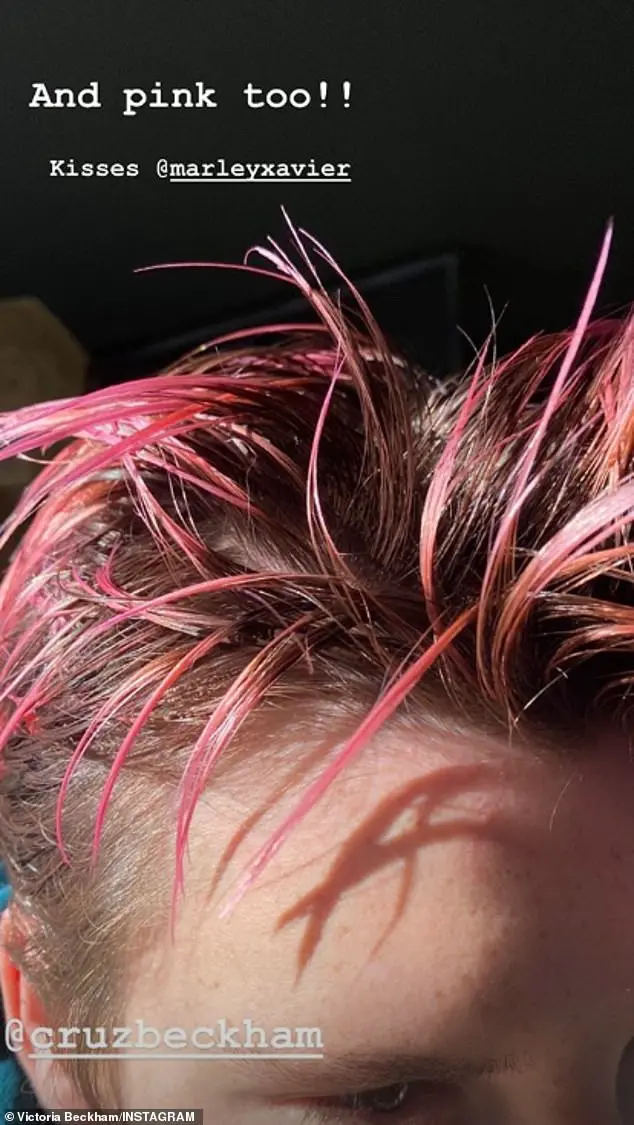 Transformation: She then stepped things up a gear when she then showed off her boy's pink-tinged hair, writing: 'and pink too!'
