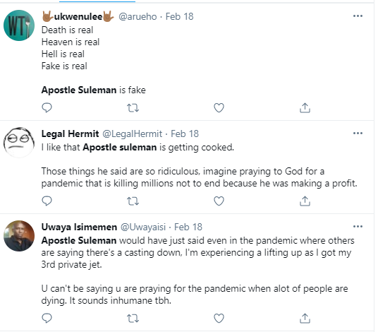 Christianity has reduced the national IQ of Nigerians by many points - Nigerians react after Apostle Suleman revealed he bought his 3rd jet during the pandemic and was praying for Covid not to end